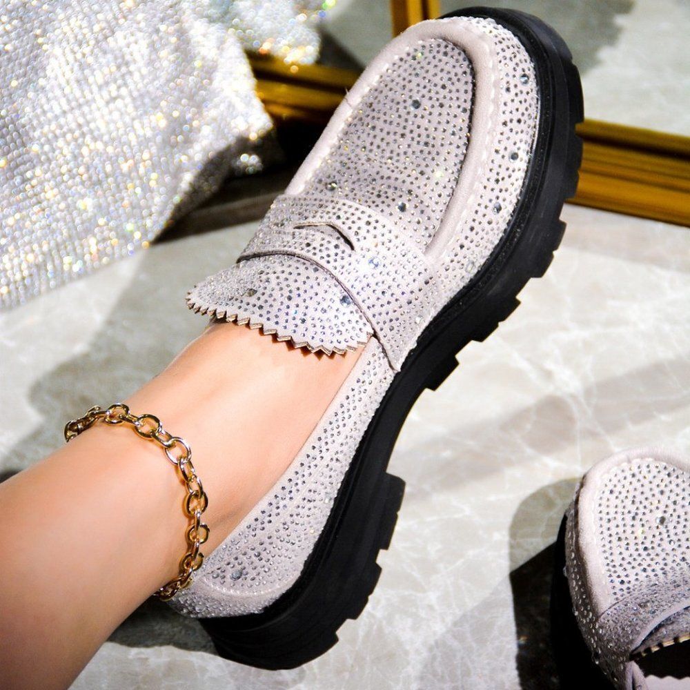 SILVER GRAY RHINESTONES LOAFER